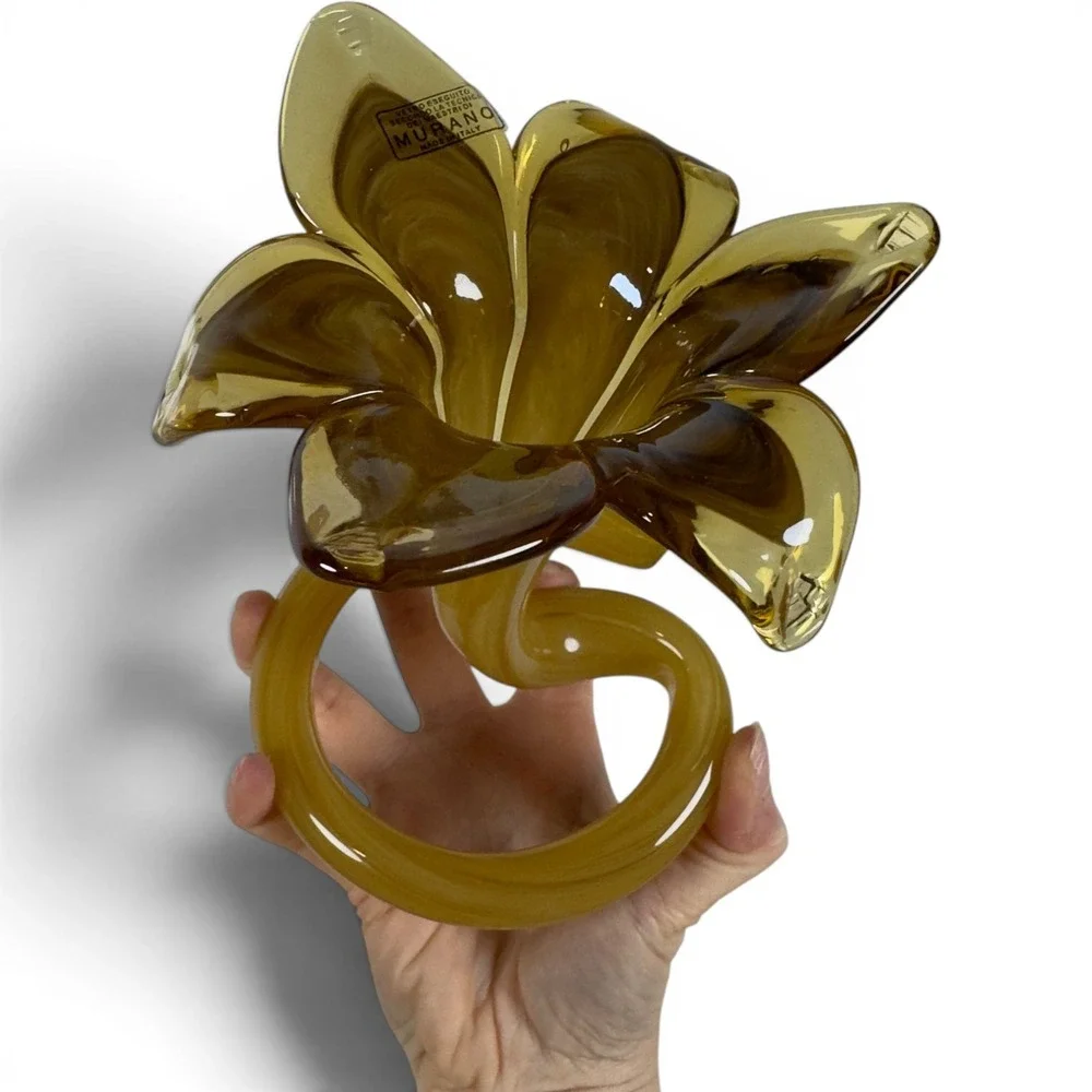 Murano Art Glass Lily Vase Amber Gold Swirl Spiral Base Made in Italy